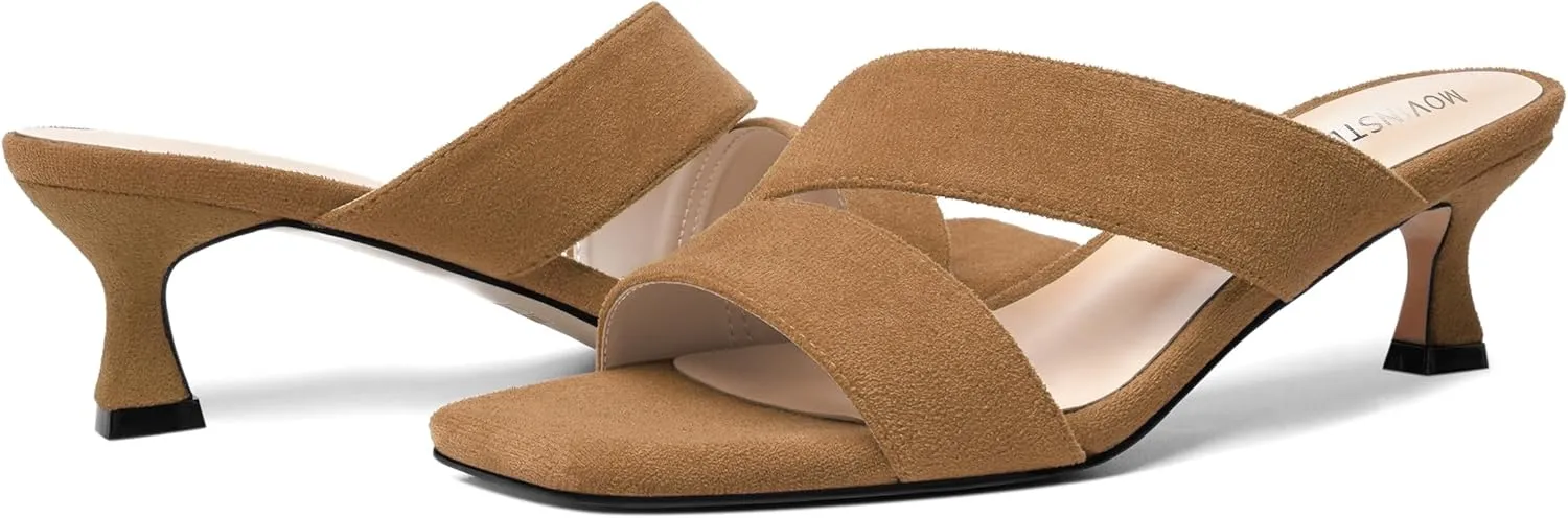 MOVINSTEPS Womens Indoor Slip On Dress Solid Suede Square Toe Kitten Low Heel Sandals 2 Inch