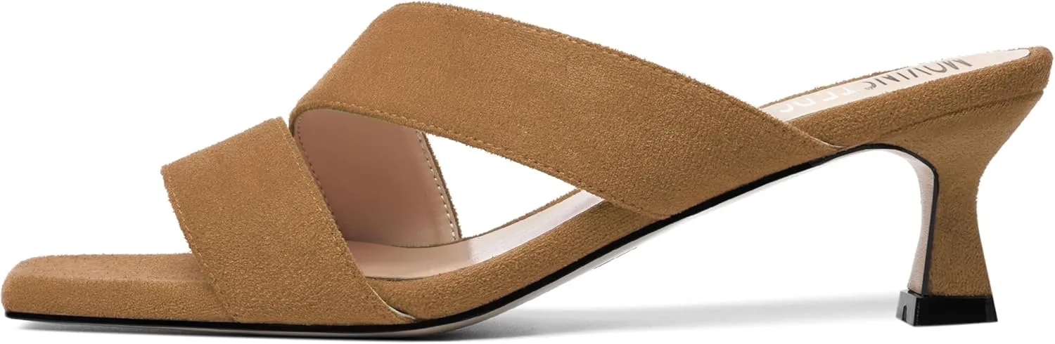 MOVINSTEPS Womens Indoor Slip On Dress Solid Suede Square Toe Kitten Low Heel Sandals 2 Inch