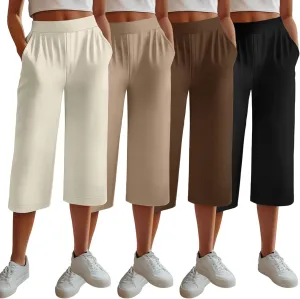 Neer 4 Pack Women's Capri Pants, Lounge Wide Leg Yoga Sweatpants Loose Comfy Cotton Jogger Pants Workout Capris with Pockets