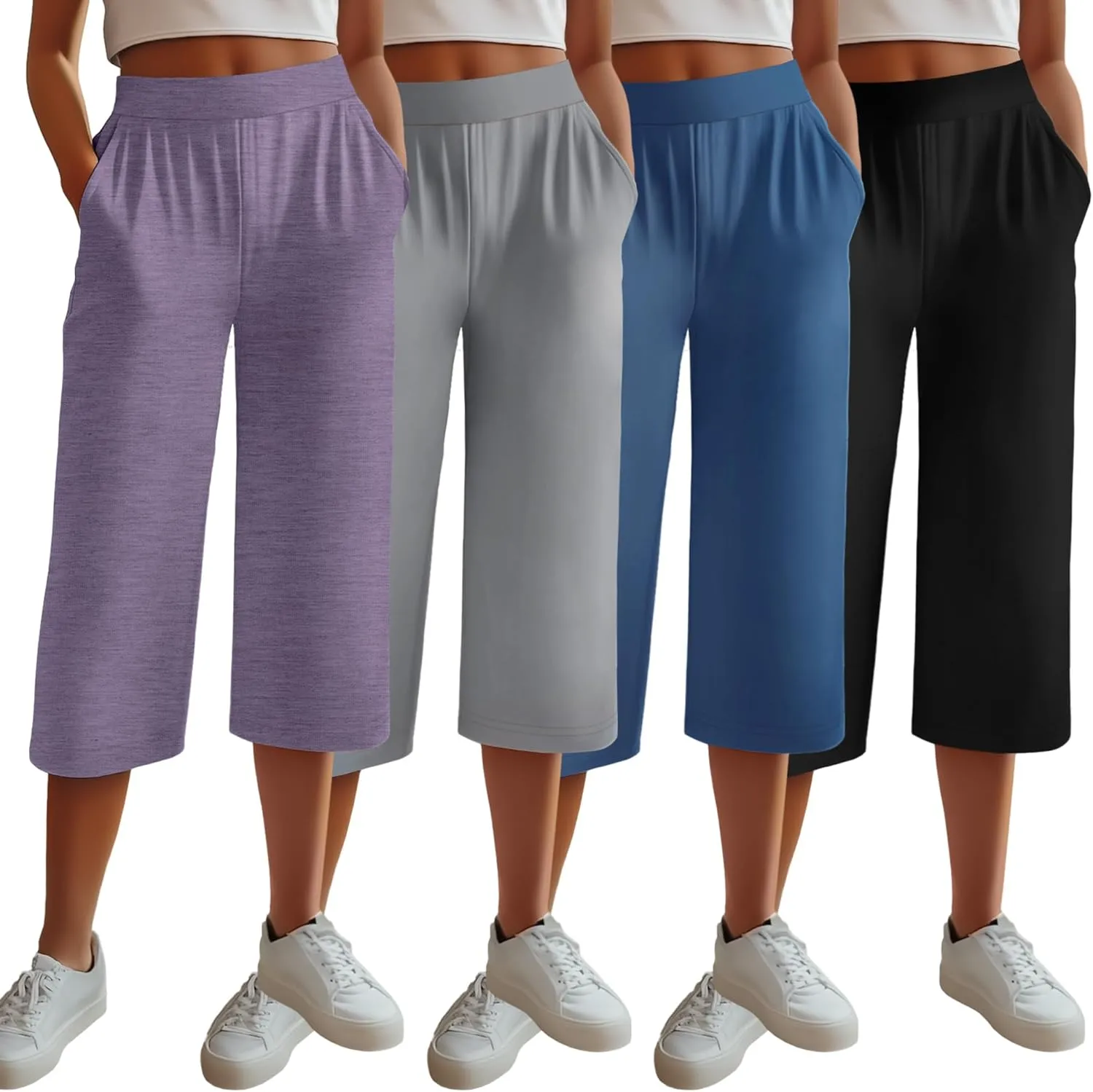 Neer 4 Pack Women's Capri Pants, Lounge Wide Leg Yoga Sweatpants Loose Comfy Cotton Jogger Pants Workout Capris with Pockets