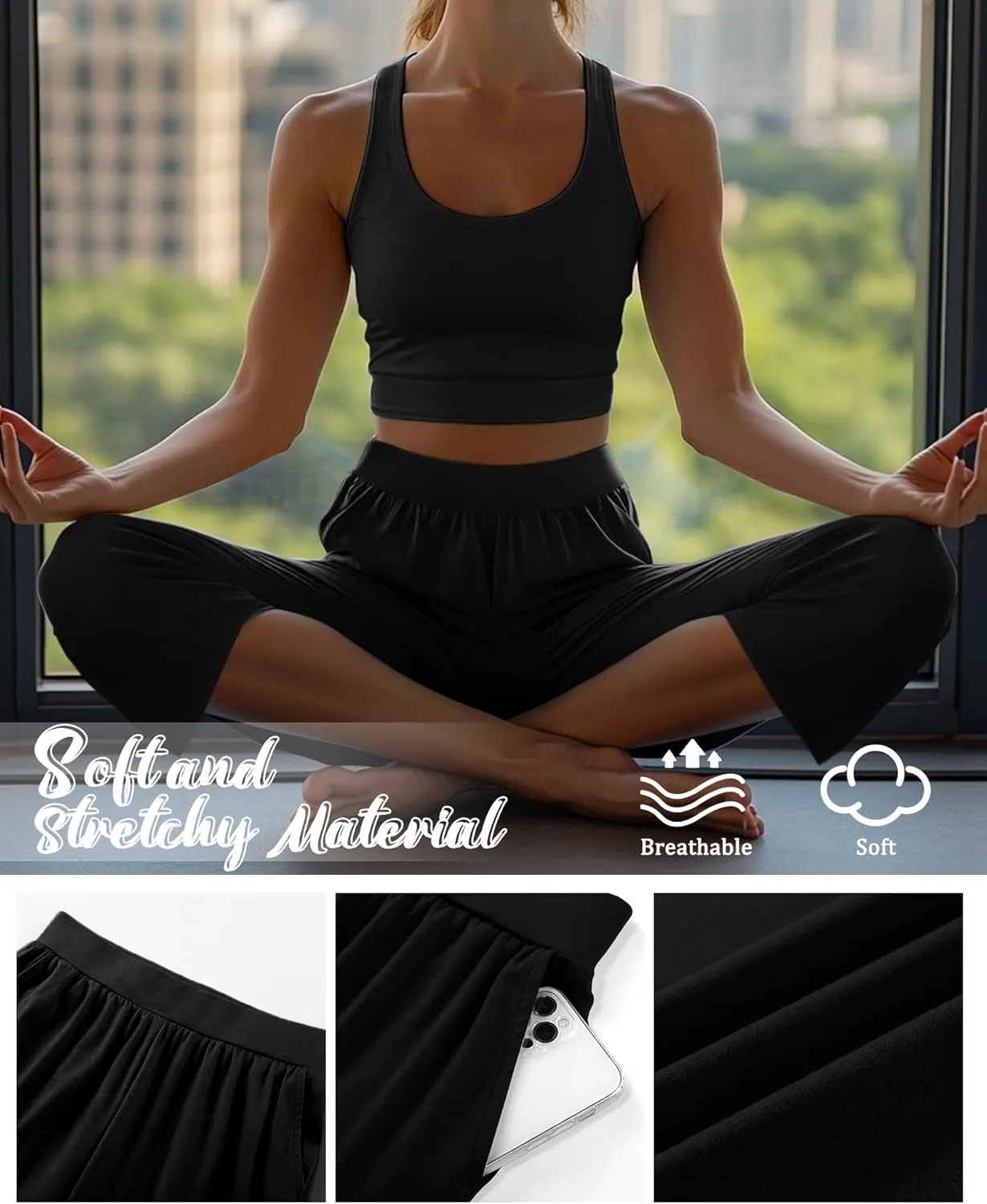Neer 4 Pack Women's Capri Pants, Lounge Wide Leg Yoga Sweatpants Loose Comfy Cotton Jogger Pants Workout Capris with Pockets