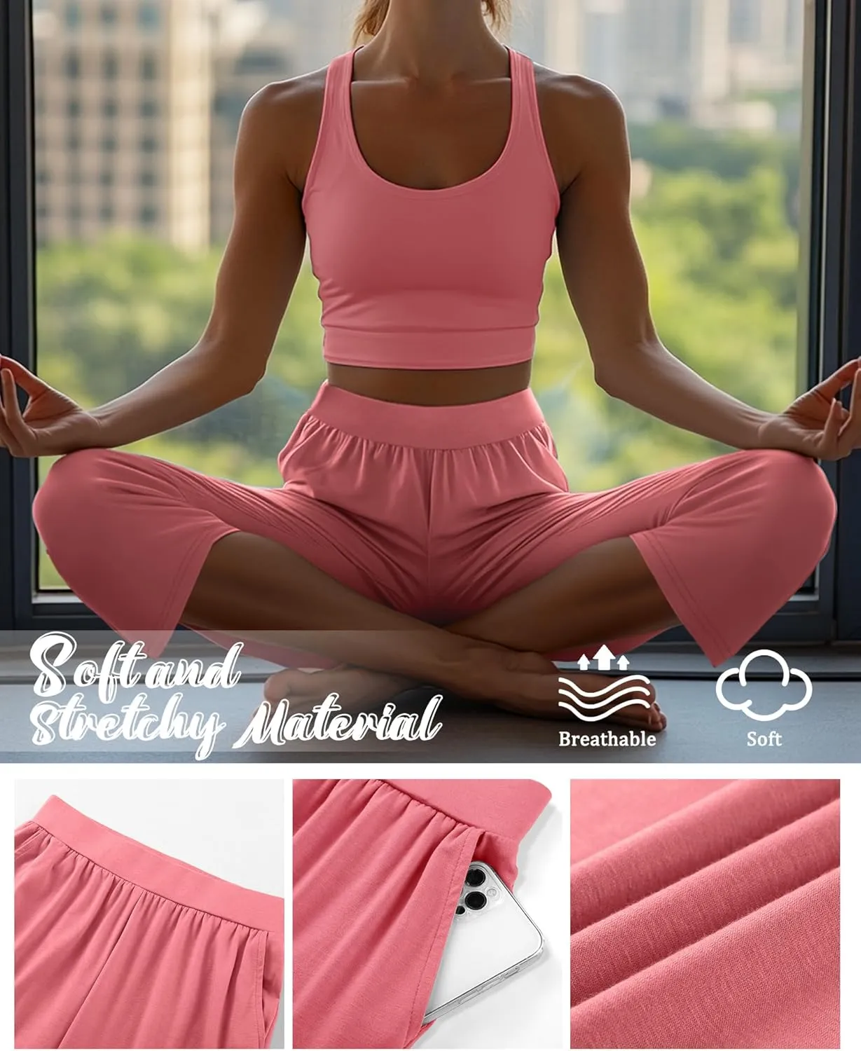 Neer 4 Pack Women's Capri Pants, Lounge Wide Leg Yoga Sweatpants Loose Comfy Cotton Jogger Pants Workout Capris with Pockets