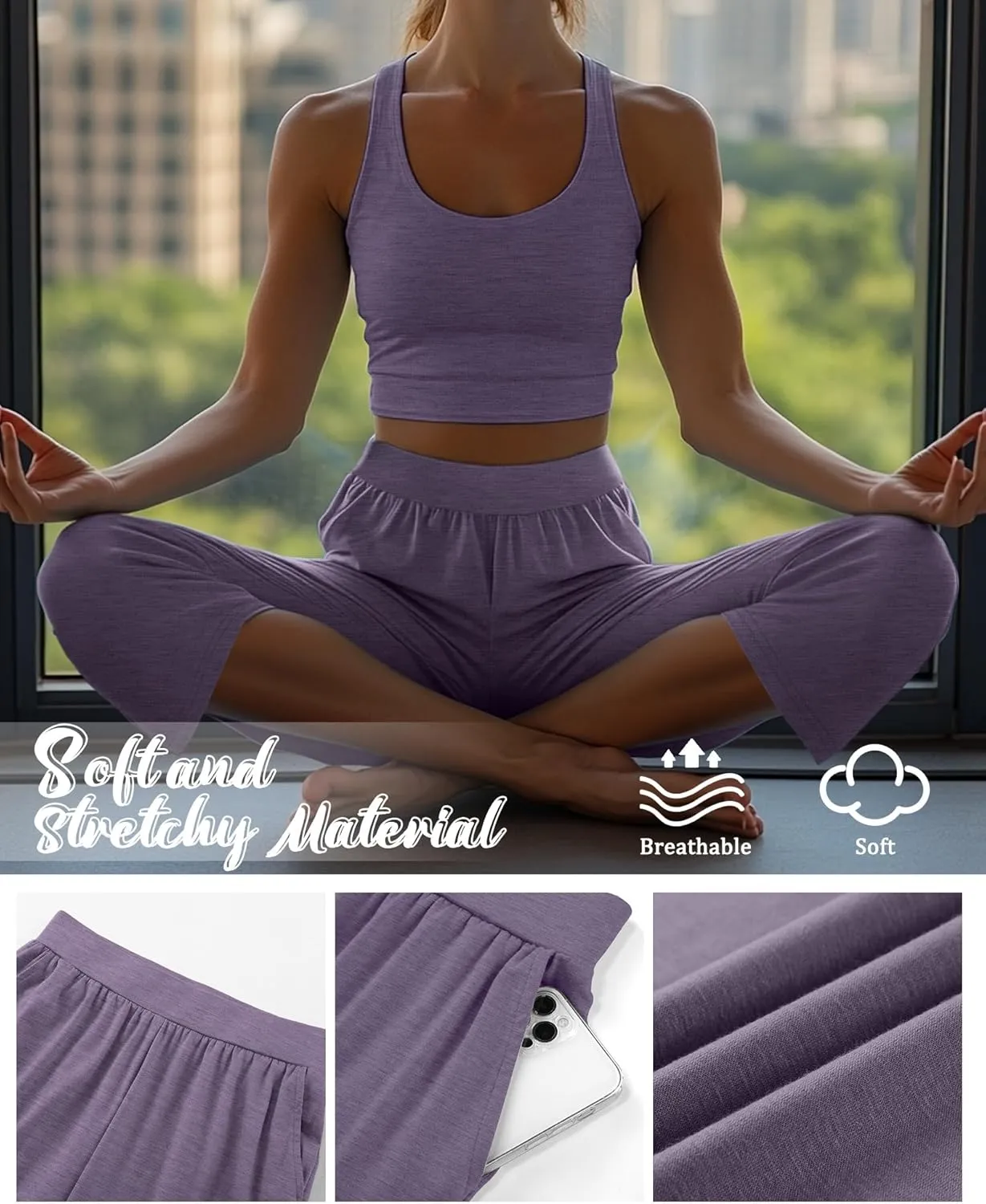 Neer 4 Pack Women's Capri Pants, Lounge Wide Leg Yoga Sweatpants Loose Comfy Cotton Jogger Pants Workout Capris with Pockets