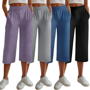 Neer 4 Pack Women's Capri Pants, Lounge Wide Leg Yoga Sweatpants Loose Comfy Cotton Jogger Pants Workout Capris with Pockets