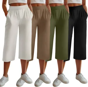 Neer 4 Pack Women's Capri Pants, Lounge Wide Leg Yoga Sweatpants Loose Comfy Cotton Jogger Pants Workout Capris with Pockets