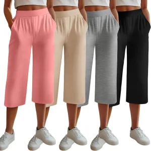 Neer 4 Pack Women's Capri Pants, Lounge Wide Leg Yoga Sweatpants Loose Comfy Cotton Jogger Pants Workout Capris with Pockets