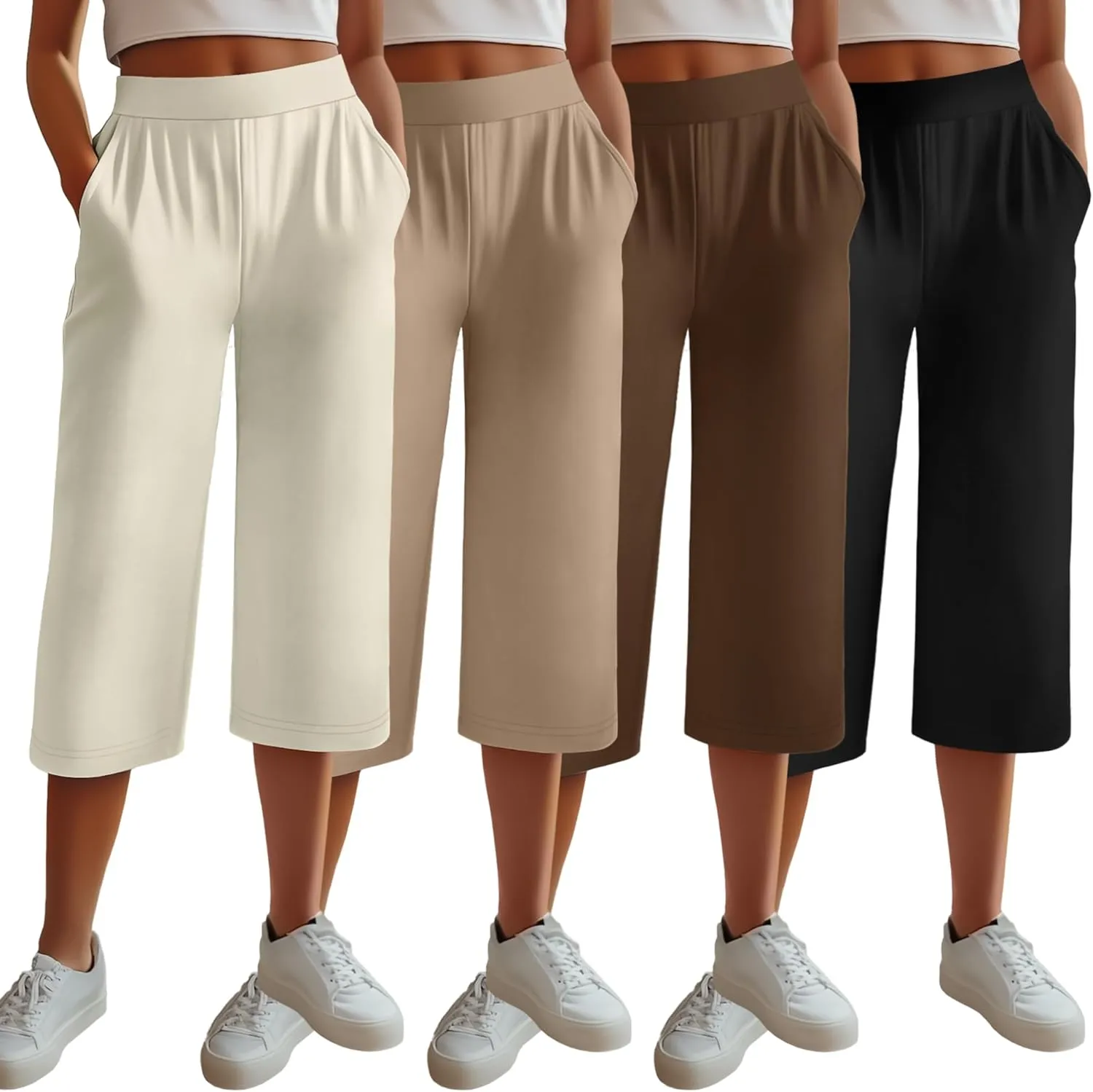 Neer 4 Pack Women's Capri Pants, Lounge Wide Leg Yoga Sweatpants Loose Comfy Cotton Jogger Pants Workout Capris with Pockets