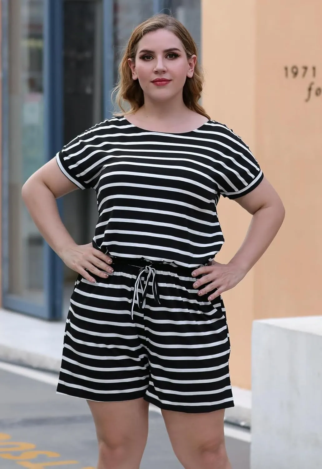 Nemidor Plus Size Rompers for Curvy Women Casual Summer One Piece Short Sleeve Loose Elastic Waist Jumpsuit with Pocket