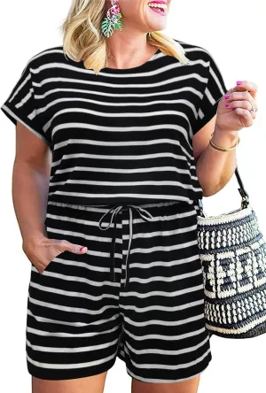 Nemidor Plus Size Rompers for Curvy Women Casual Summer One Piece Short Sleeve Loose Elastic Waist Jumpsuit with Pocket
