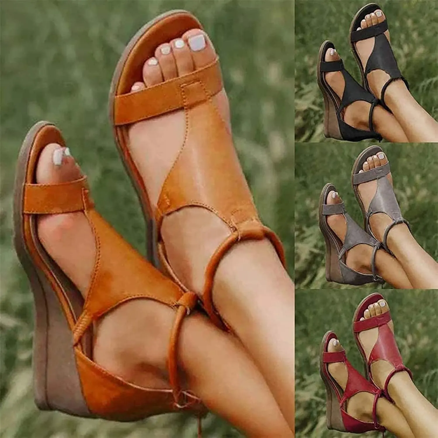 New 2021 Women's Platform Sandals T-Strap Sandals Heeled Wedge Ankle Strap Open Toe Sandals with Zipper Vintage Gladiator Beach Sandals Ladies Walking Shoes,Black,US8/EU39