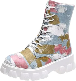 oiangi Ankle Boots for Women 2022 Fall Fashion Platform Camouflage Cross Lace up Western Low Heel Booties Casual Round Toe Side Zipper Shoes
