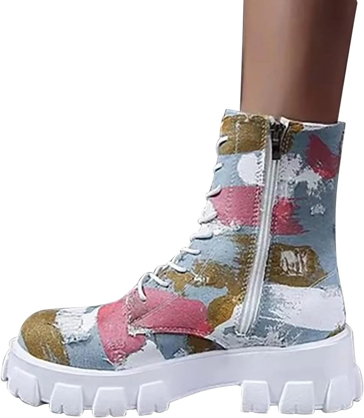 oiangi Ankle Boots for Women 2022 Fall Fashion Platform Camouflage Cross Lace up Western Low Heel Booties Casual Round Toe Side Zipper Shoes
