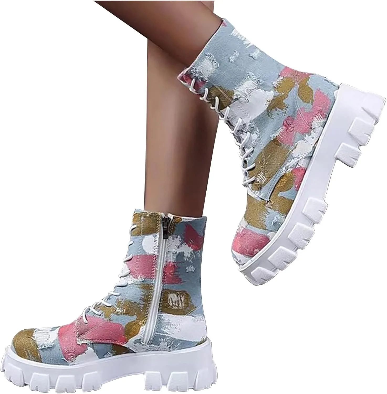 oiangi Ankle Boots for Women 2022 Fall Fashion Platform Camouflage Cross Lace up Western Low Heel Booties Casual Round Toe Side Zipper Shoes