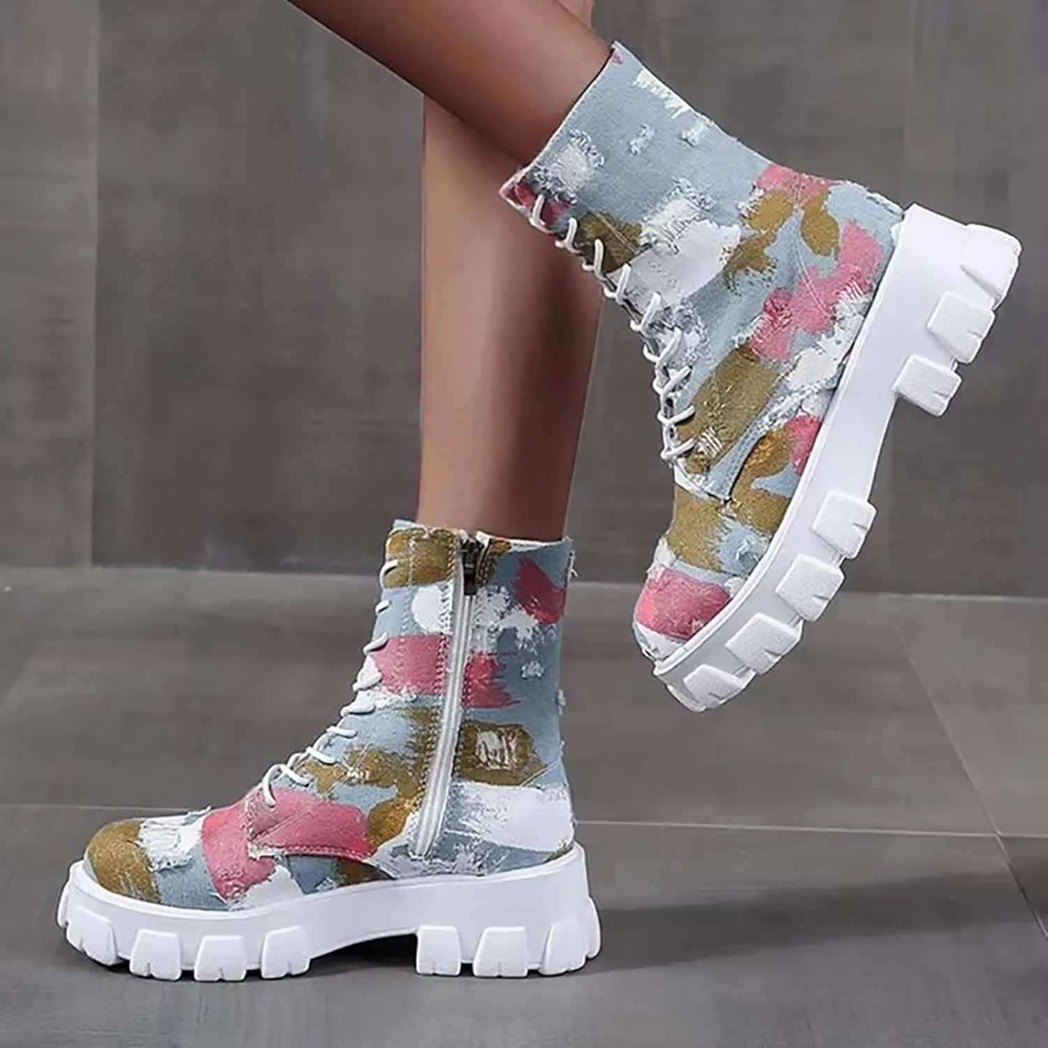 oiangi Ankle Boots for Women 2022 Fall Fashion Platform Camouflage Cross Lace up Western Low Heel Booties Casual Round Toe Side Zipper Shoes