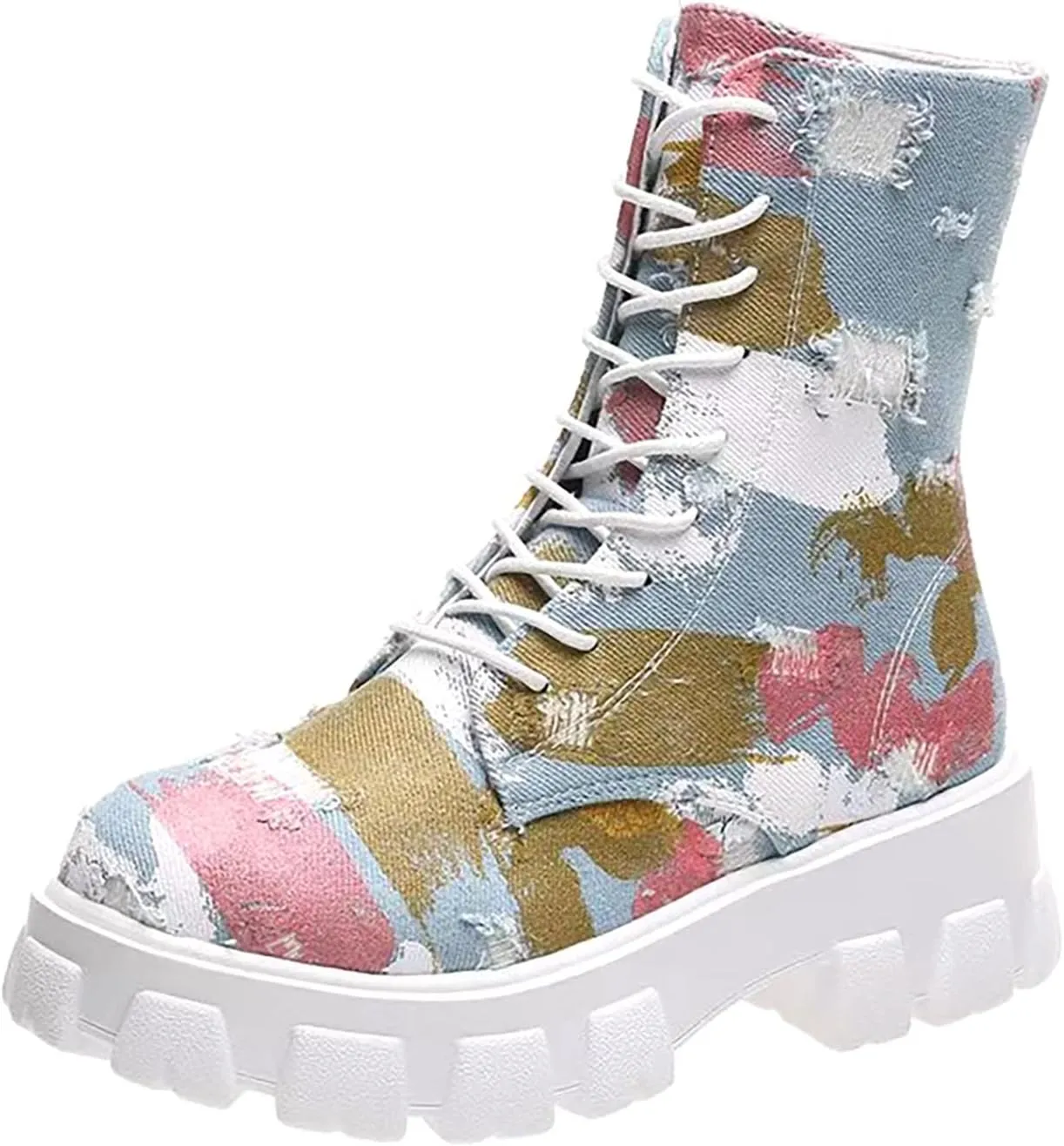 oiangi Ankle Boots for Women 2022 Fall Fashion Platform Camouflage Cross Lace up Western Low Heel Booties Casual Round Toe Side Zipper Shoes