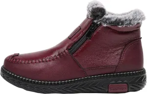 oiangi Snow Boots for Women Platform Ankle Booties Leather Zipper Thickened Plush Warm Flat Booties Comfortable Winter Non-slip Ladies Shoes