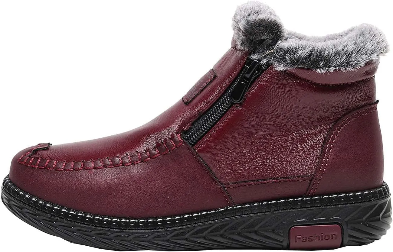 oiangi Snow Boots for Women Platform Ankle Booties Leather Zipper Thickened Plush Warm Flat Booties Comfortable Winter Non-slip Ladies Shoes