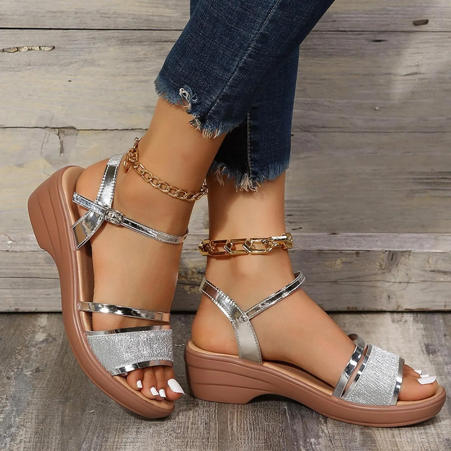 oiangi Summer Wedge Sandals for Women Fashion Casual Fish Mouth Open Toe Ankle Straps Buckle Platform Sandals Sparkly Outdoor Ladies High Heel Shoes