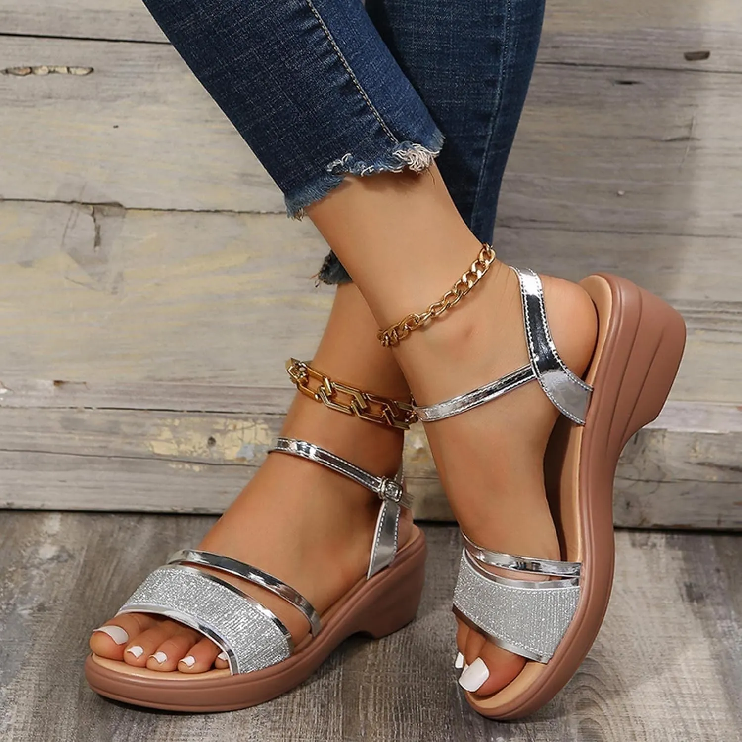 oiangi Summer Wedge Sandals for Women Fashion Casual Fish Mouth Open Toe Ankle Straps Buckle Platform Sandals Sparkly Outdoor Ladies High Heel Shoes