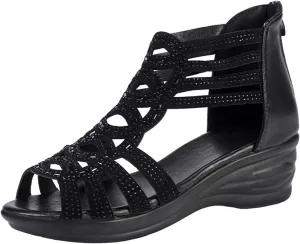 oiangi Wedge Sandals for Women Platform Rhinestones Hollow Out Fish Mouth Open Toe Back Zipper Sandals Summer Casual Comfortable Outdoor Ladies Shoes