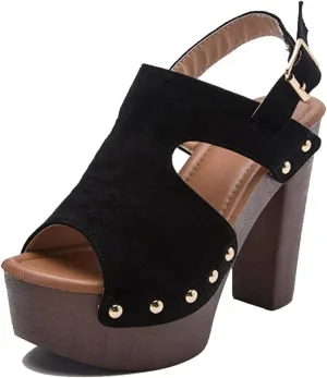 oiangi Womens Chunky Heel Platform Sandals,Summer Hollow Fish Mouth Open Toe Buckle Thick High Heels Sandalias Solid Studded Slingback Comfy Casual Shoes