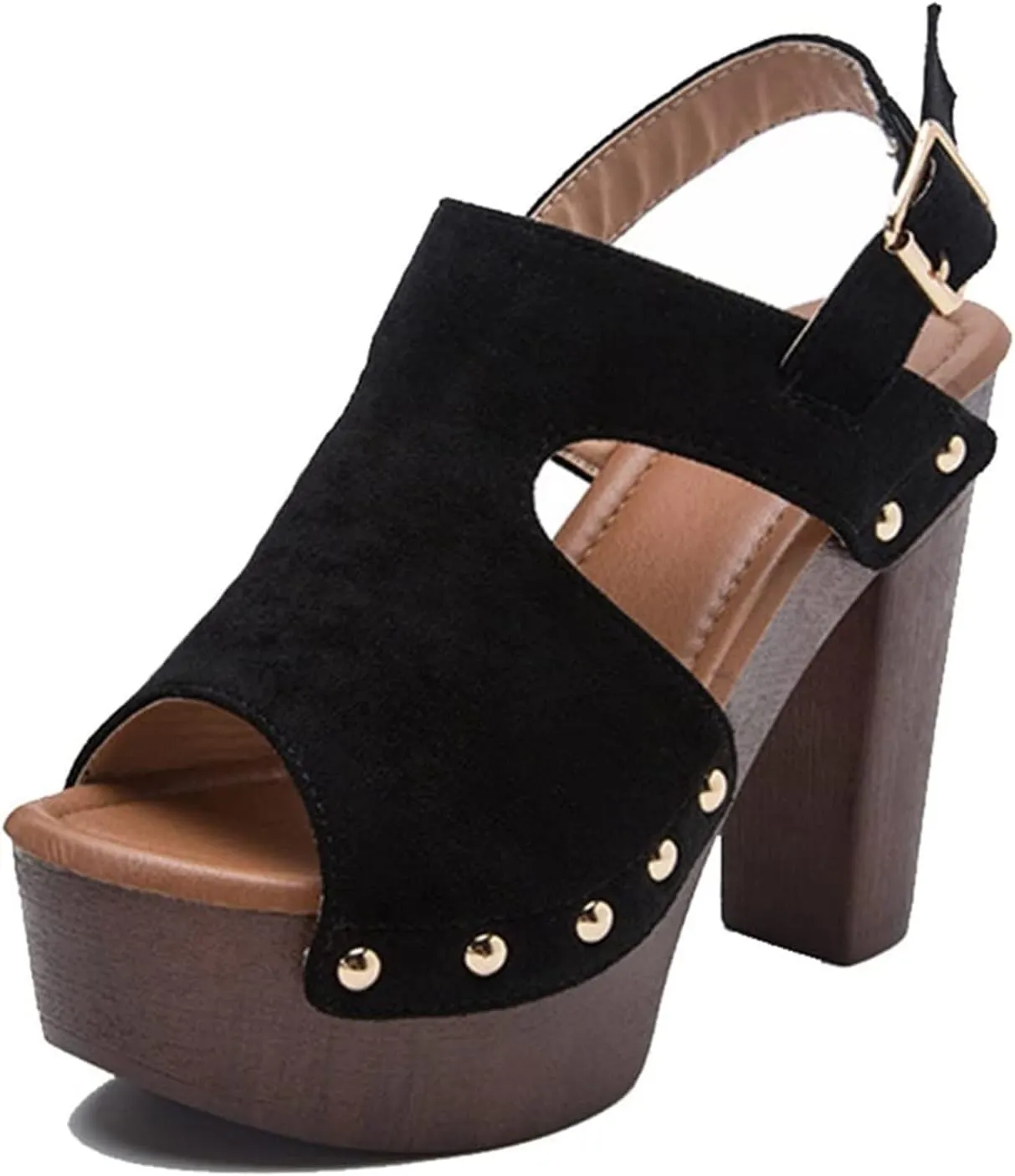 oiangi Womens Chunky Heel Platform Sandals,Summer Hollow Fish Mouth Open Toe Buckle Thick High Heels Sandalias Solid Studded Slingback Comfy Casual Shoes