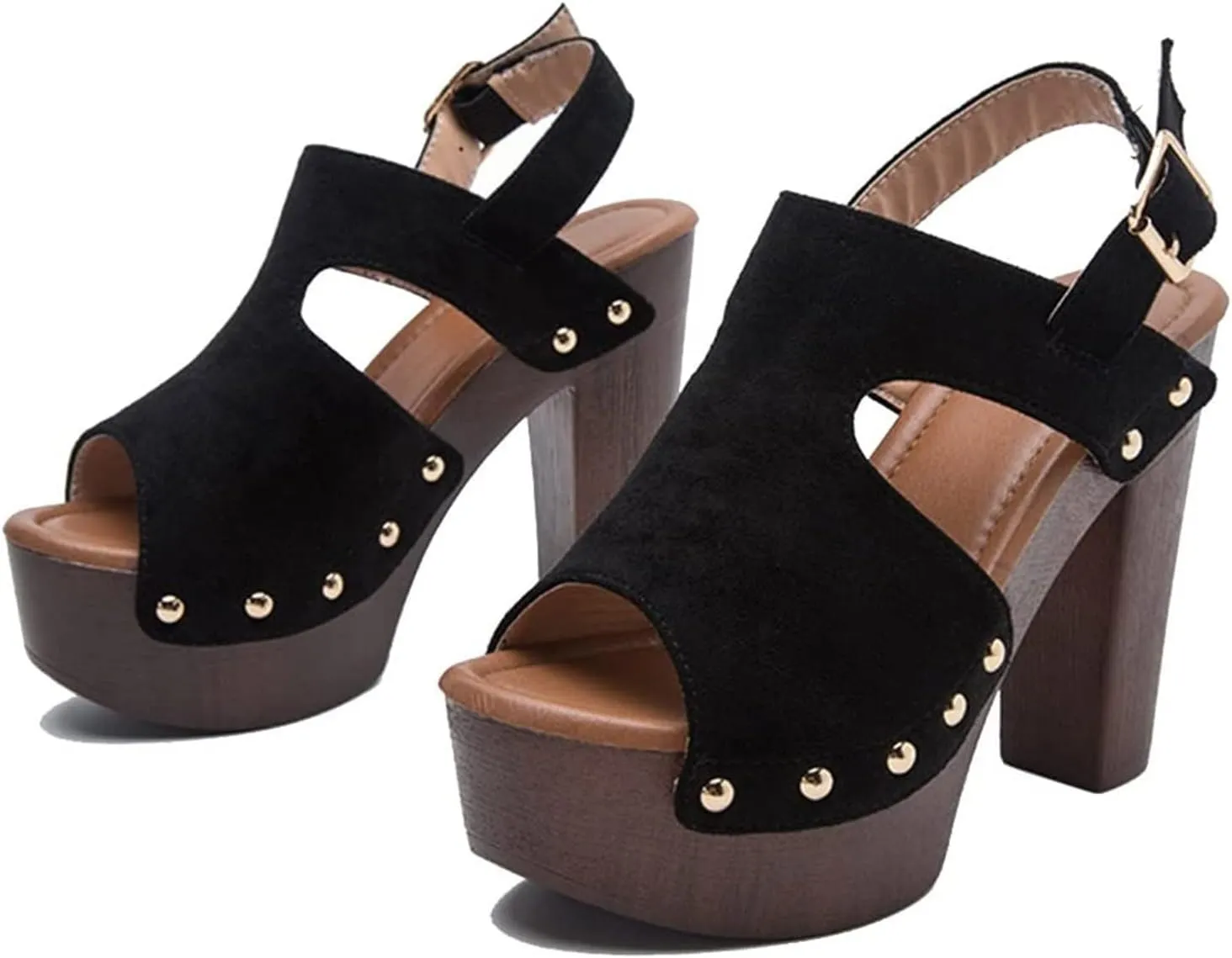 oiangi Womens Chunky Heel Platform Sandals,Summer Hollow Fish Mouth Open Toe Buckle Thick High Heels Sandalias Solid Studded Slingback Comfy Casual Shoes