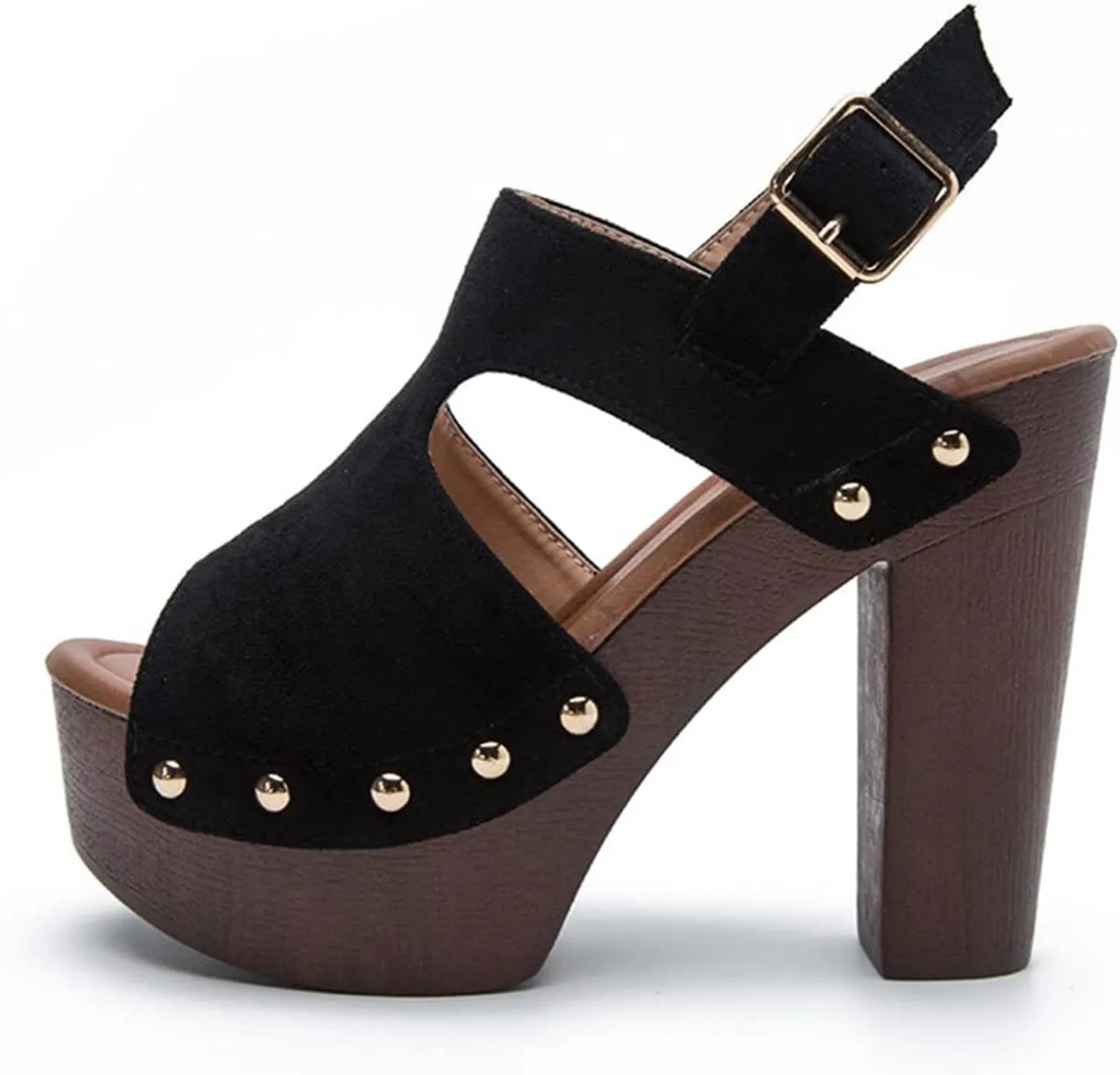 oiangi Womens Chunky Heel Platform Sandals,Summer Hollow Fish Mouth Open Toe Buckle Thick High Heels Sandalias Solid Studded Slingback Comfy Casual Shoes