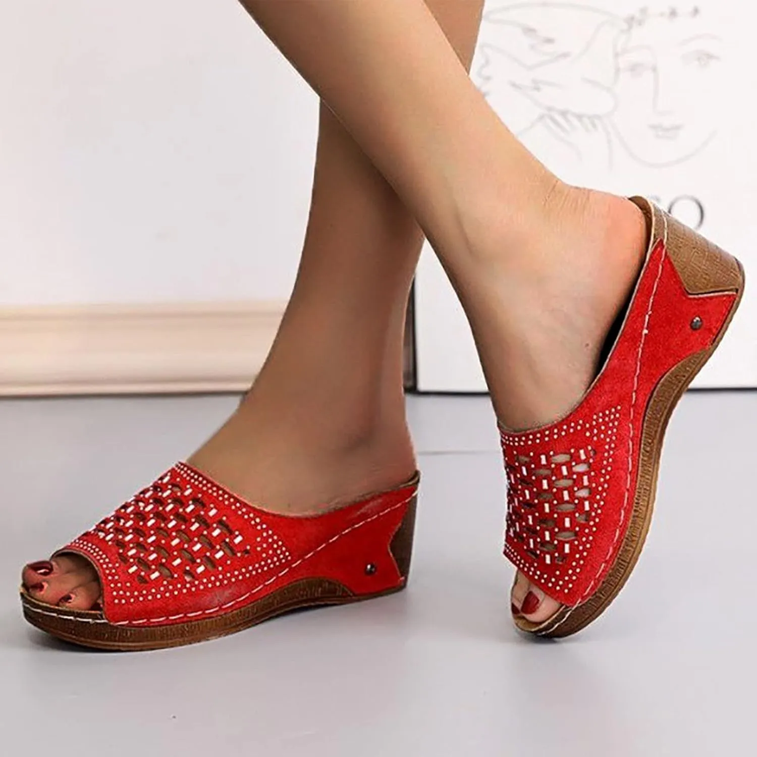 oiangi Women's Sandals Open Toe Wedge Sandals Casual Summer Flower Embroidered Hollow Out Slip On Slippers Comfortable Chunky Platform Shoes Slides