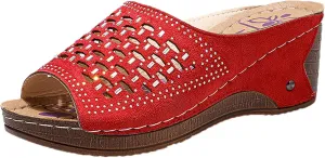oiangi Women's Sandals Open Toe Wedge Sandals Casual Summer Flower Embroidered Hollow Out Slip On Slippers Comfortable Chunky Platform Shoes Slides