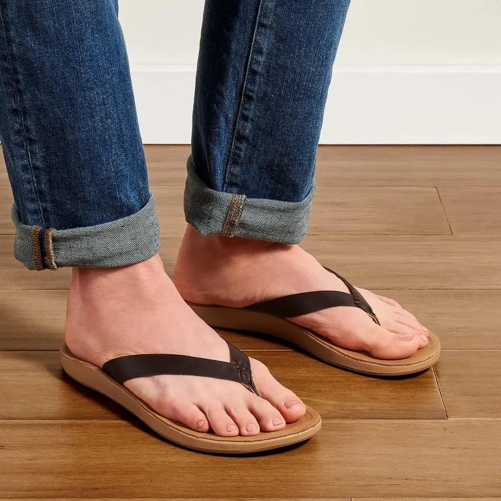 OLUKAI Nonohe Women's Beach Sandal, Premium Full-Grain Leather Flip-Flops, All-Day Support & Breathable Lining, Wet Grip Sole & Easy Slip-On Design