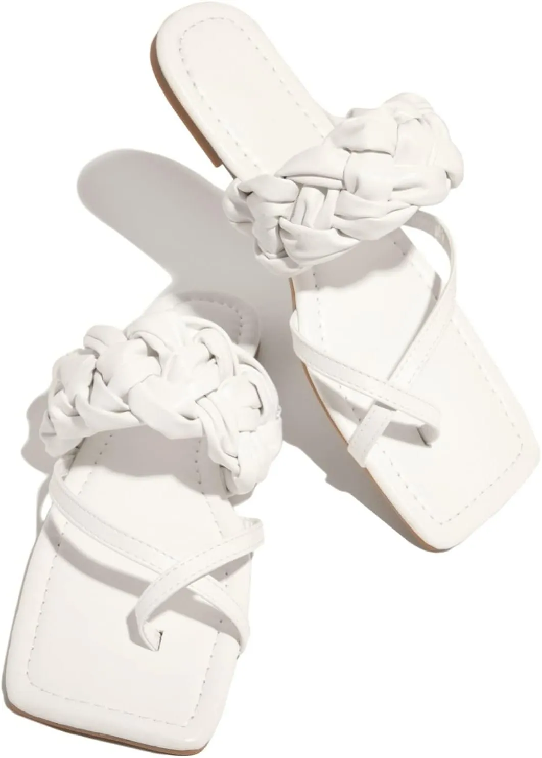 Open Square Toe Flats Women's Cross Strap Woven Leather Flat Sandals Summer Casual Thong Flip Flops Low-Heeled Platform Toe Ring Sandals Streetwear Fashion Beach Shoes