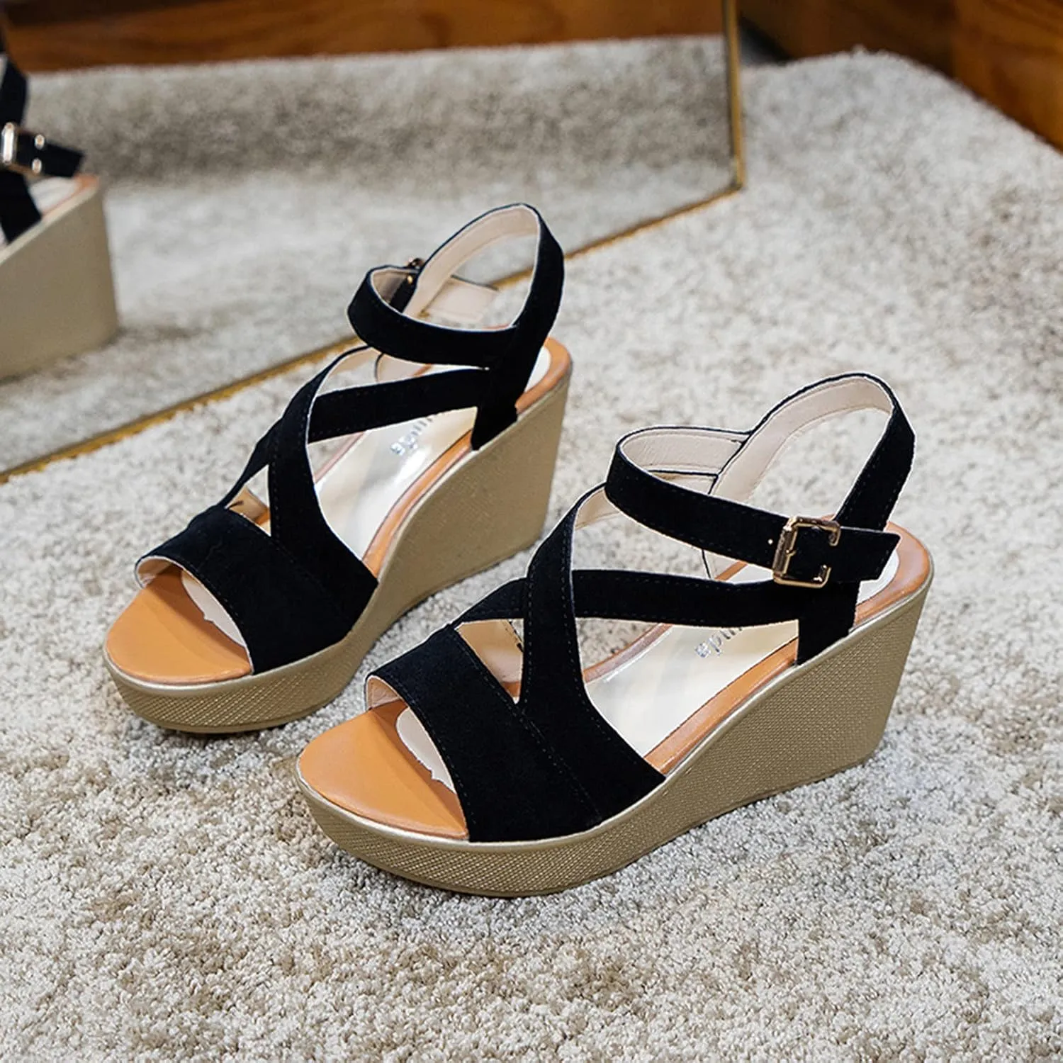Orthopedic Wedge Sandals for Women Summer Dressy Open Toe Ankle Strap Platform Sandals Casual Strappy High Wedges Slip on Sandals Beach Sandals Dress Shoes Comfortable Outdoor Shoes (Black, 8.5)
