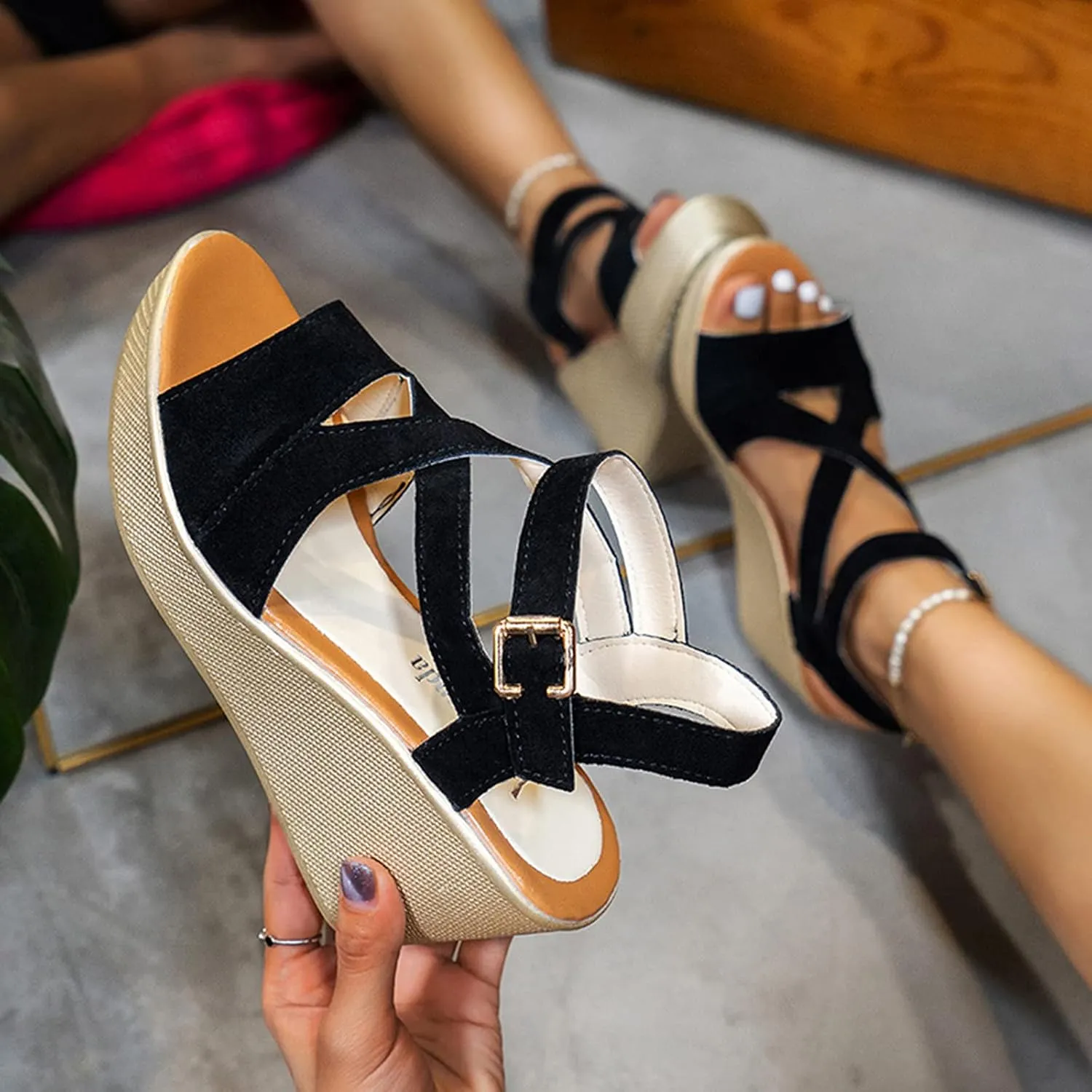 Orthopedic Wedge Sandals for Women Summer Dressy Open Toe Ankle Strap Platform Sandals Casual Strappy High Wedges Slip on Sandals Beach Sandals Dress Shoes Comfortable Outdoor Shoes (Black, 8.5)