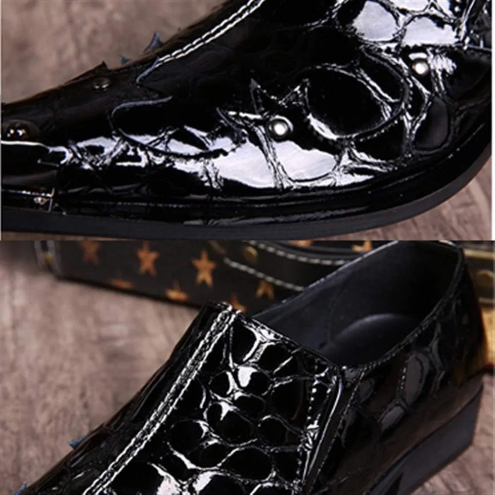 Oxford for Men Formal Shoes Slip On StyleGenuine Leather Patent Leather Carving Metal Pointed Toe Low Top Flats Block Heel