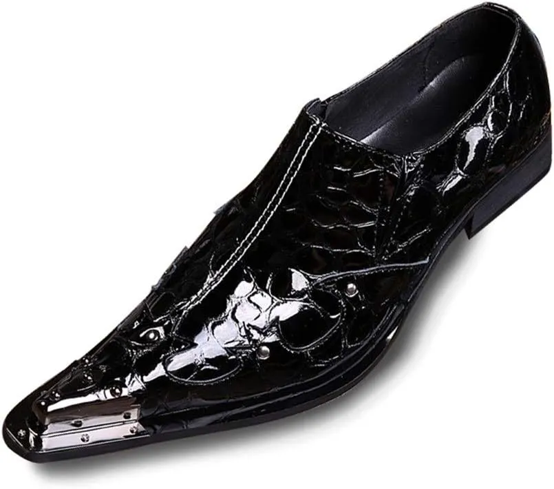 Oxford for Men Formal Shoes Slip On StyleGenuine Leather Patent Leather Carving Metal Pointed Toe Low Top Flats Block Heel