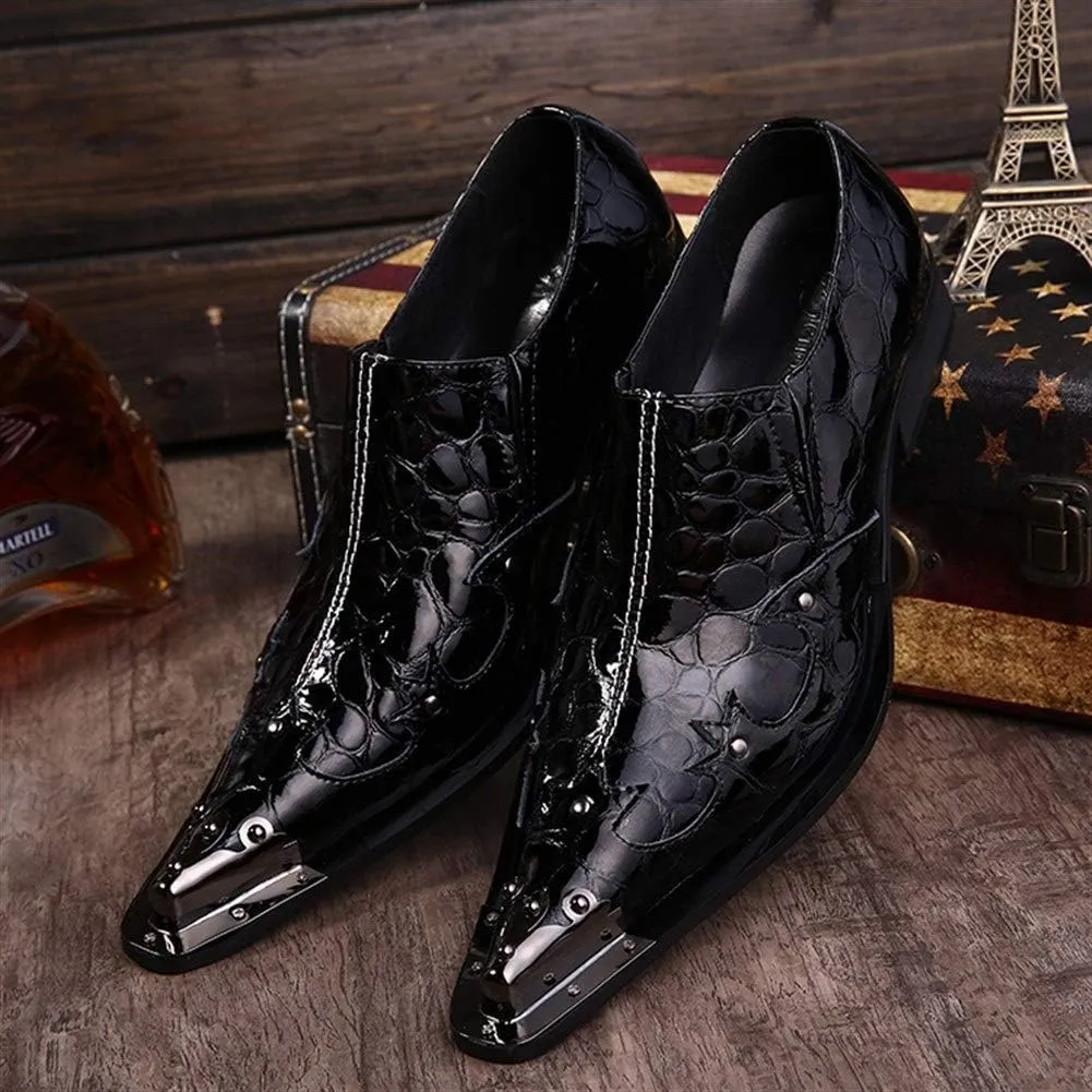Oxford for Men Formal Shoes Slip On StyleGenuine Leather Patent Leather Carving Metal Pointed Toe Low Top Flats Block Heel