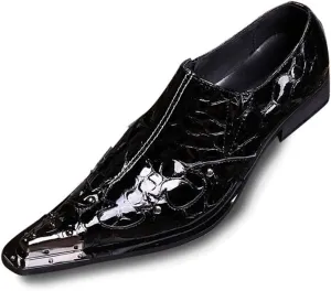 Oxford for Men Formal Shoes Slip On StyleGenuine Leather Patent Leather Carving Metal Pointed Toe Low Top Flats Block Heel