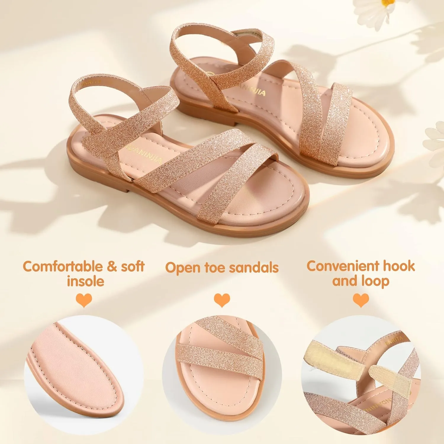 PANDANINJIA Girls Sandals Monica Summer Open Toe Flats Shoes Dress Sandals for Toddler Little Kid Big Kid