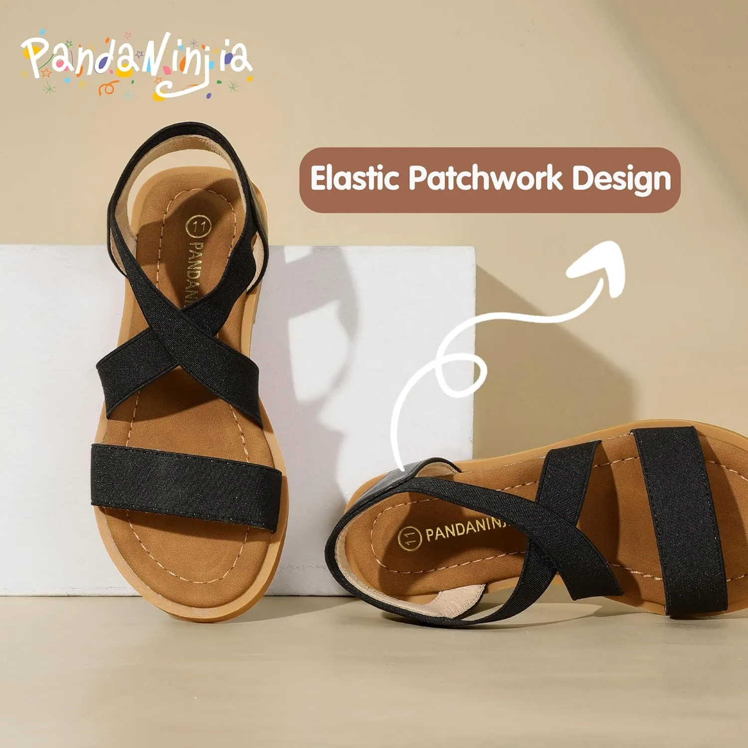 PANDANINJIA Girls Sandals Slip-on Elastic Ankle Cross Strappy Gladiator Dress Sandals Flats Summer Shoes Little Big Kids Sandals