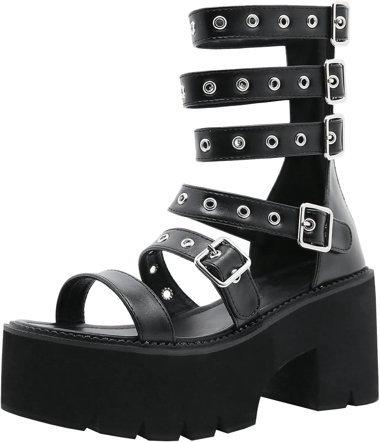 Parisuit Womens Goth Platform Gladiator Sandals Open Toe Strappy Chunky High Heeled Sandals Ankle Strap Punk Summer Shoes