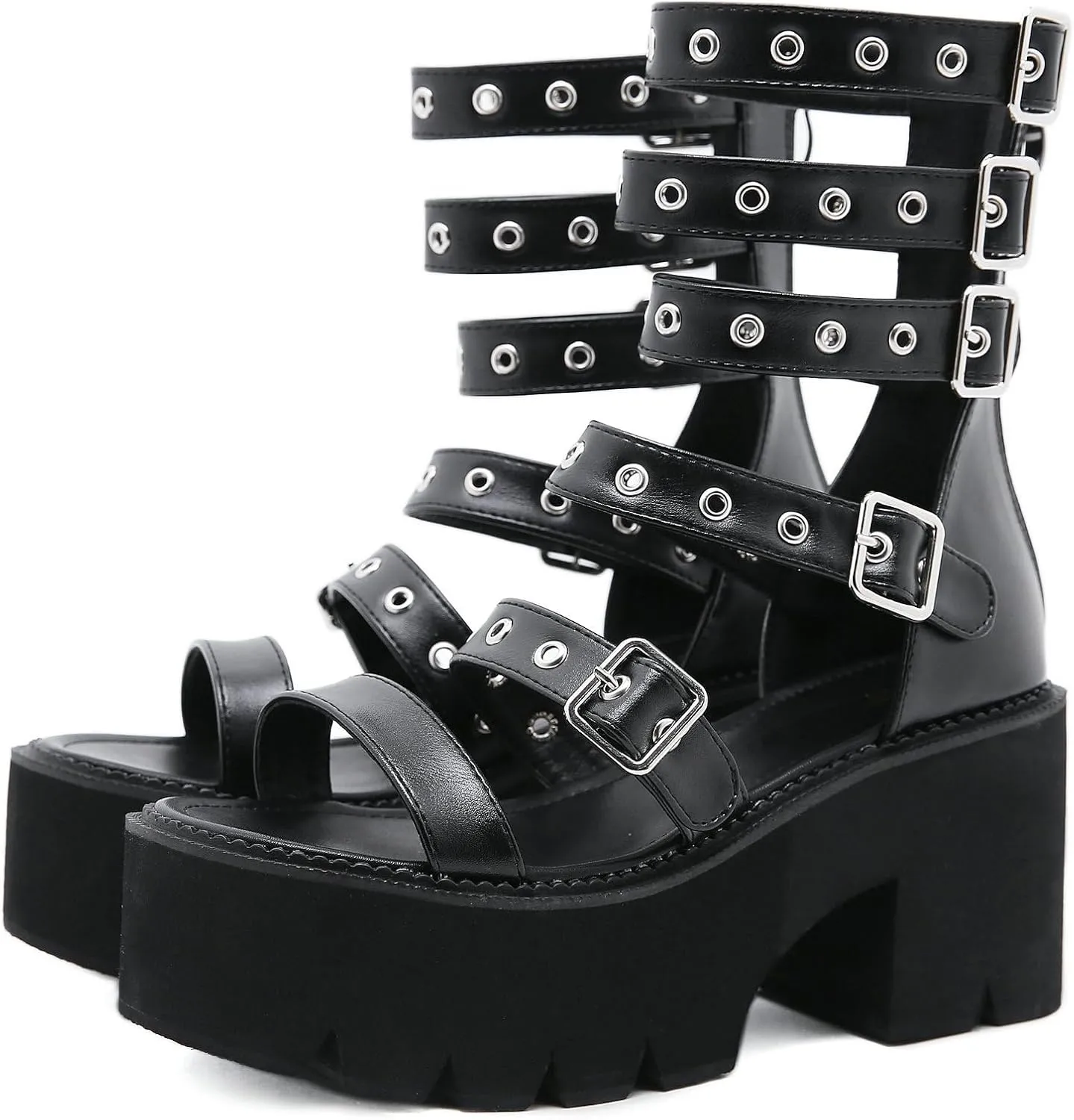 Parisuit Womens Goth Platform Gladiator Sandals Open Toe Strappy Chunky High Heeled Sandals Ankle Strap Punk Summer Shoes