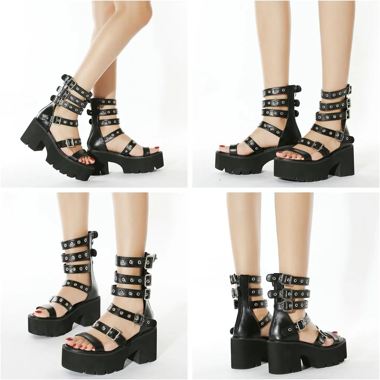Parisuit Womens Goth Platform Gladiator Sandals Open Toe Strappy Chunky High Heeled Sandals Ankle Strap Punk Summer Shoes
