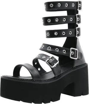Parisuit Womens Goth Platform Gladiator Sandals Open Toe Strappy Chunky High Heeled Sandals Ankle Strap Punk Summer Shoes