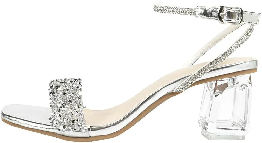 Parisuit Women's Sparkly Rhinestone Sandals Clear Chunky Mid Heel Square Open toe Sandals Ankle Strap Wedding Bridal Shoes