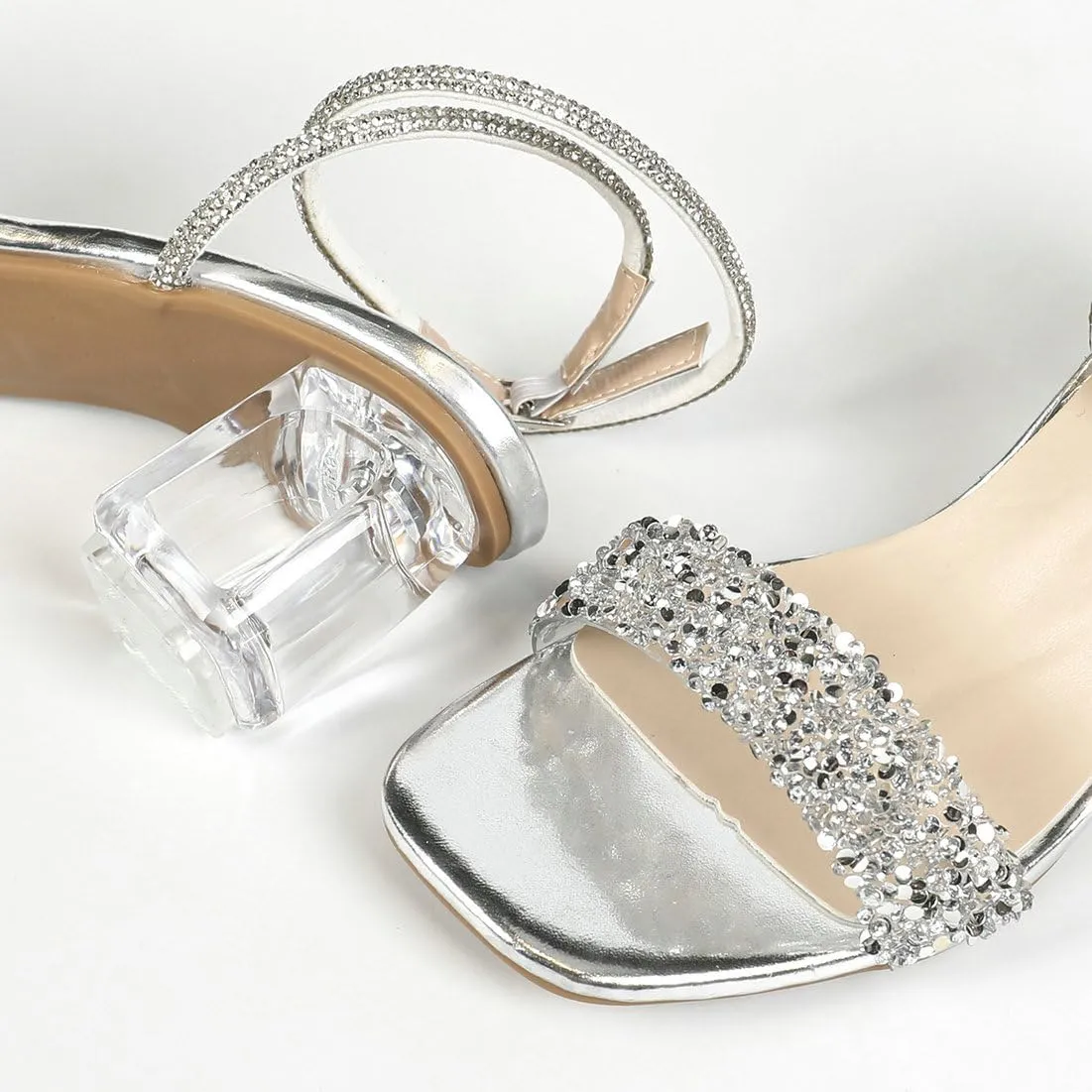 Parisuit Women's Sparkly Rhinestone Sandals Clear Chunky Mid Heel Square Open toe Sandals Ankle Strap Wedding Bridal Shoes