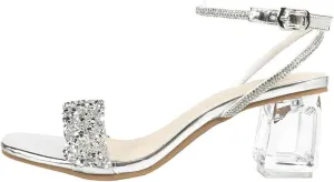 Parisuit Women's Sparkly Rhinestone Sandals Clear Chunky Mid Heel Square Open toe Sandals Ankle Strap Wedding Bridal Shoes