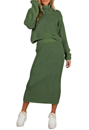 Pink Queen Women's Fall 2 Piece Sweater Set Rib Knit Long Sleeve Cross Criss Top Maxi Bodycon Skirt Casual Outfits
