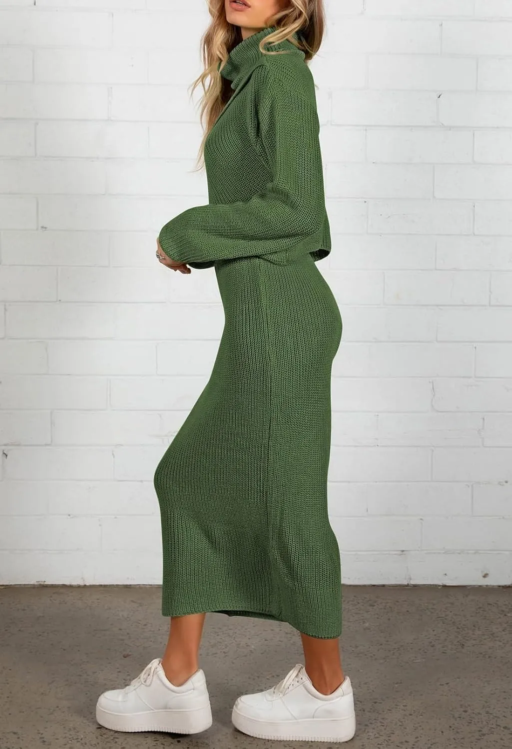 Pink Queen Women's Fall 2 Piece Sweater Set Rib Knit Long Sleeve Cross Criss Top Maxi Bodycon Skirt Casual Outfits
