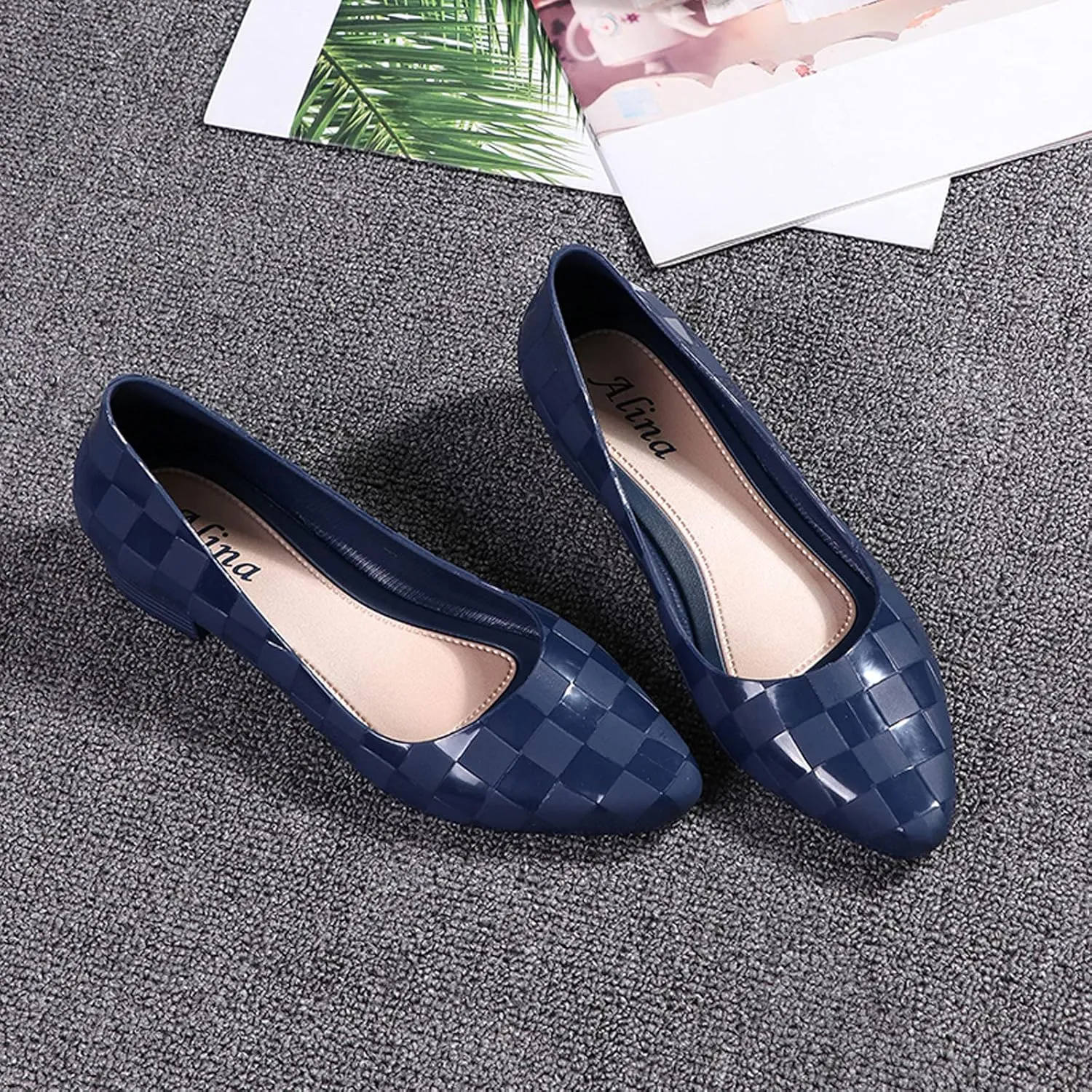 Plaid Pattern Sandals for Women Low Heel Summer Casual Pointed Toe Closed Toe Shallow Mouth Slip-on Square Heels Shoes Lightweight Non-Slip Sandalias